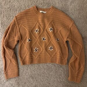 Lush Tan Crew Neck Sweater with Embroidered Details